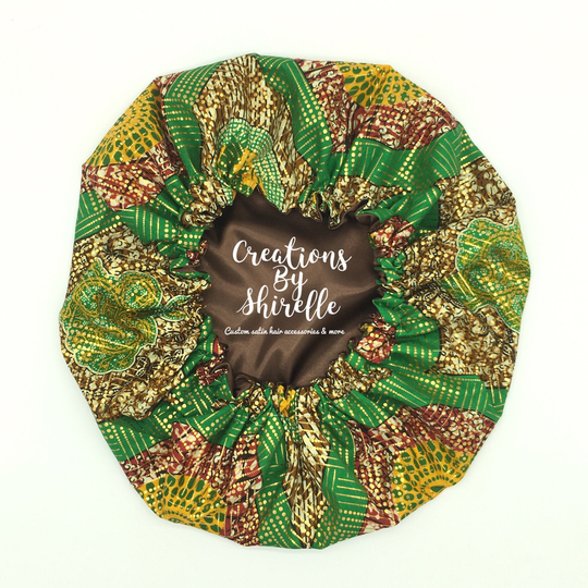 Green & Yellow Ankara Satin Bonnet | Ghana Available in Adults Children| Sleep Cap African