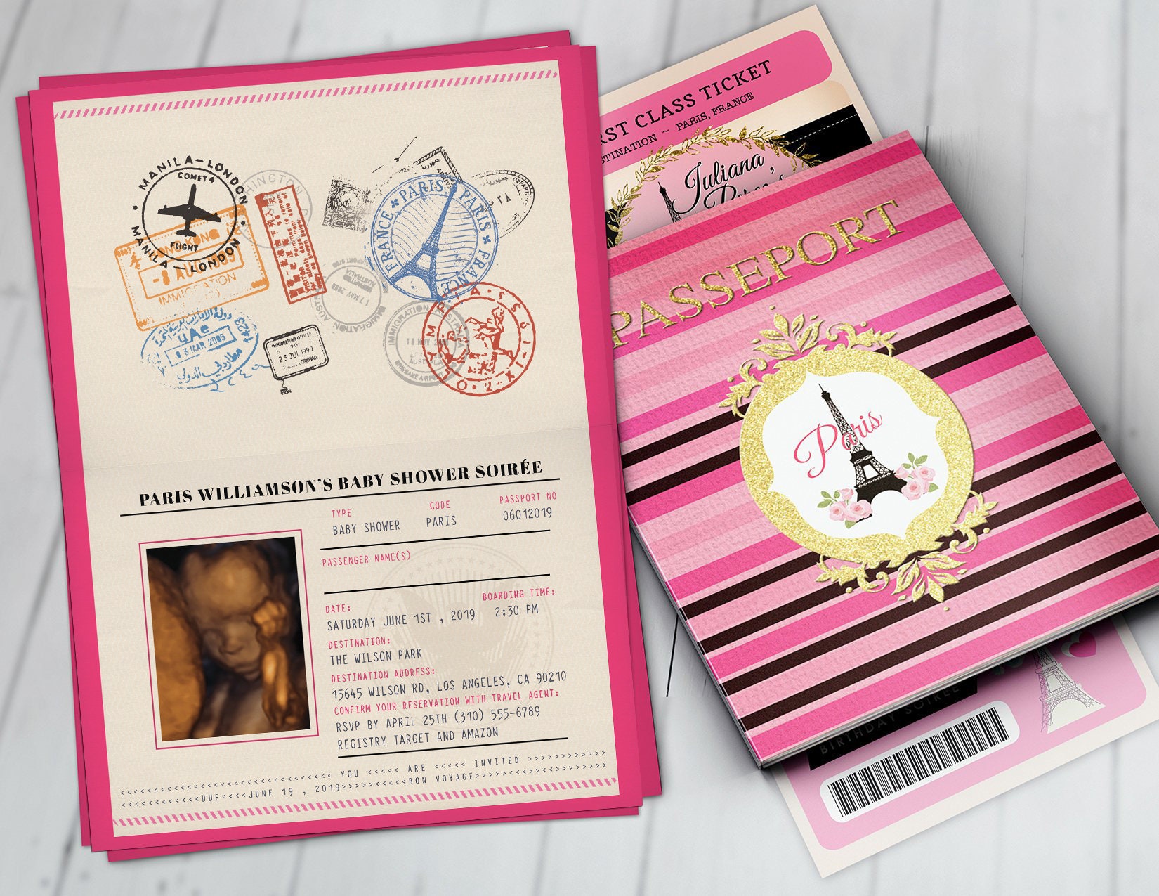 Passport & Ticket Baby Shower Invitation, Baby Girl - Wedding Invitation - Paris, Eiffel Tower, First Birthday, Digital Files Only