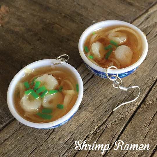 Japanese Food Charm Resin Bowl Of Ramen Dangle Hook Style Earrings Shrimp