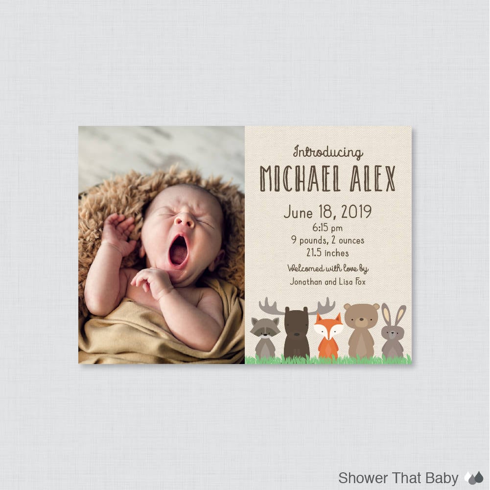 Printable Or Printed Woodland Birth Announcement Cards - Animal Themed Announcements, Moose, Fox, Bear, Rabbit, Ba18, 0010