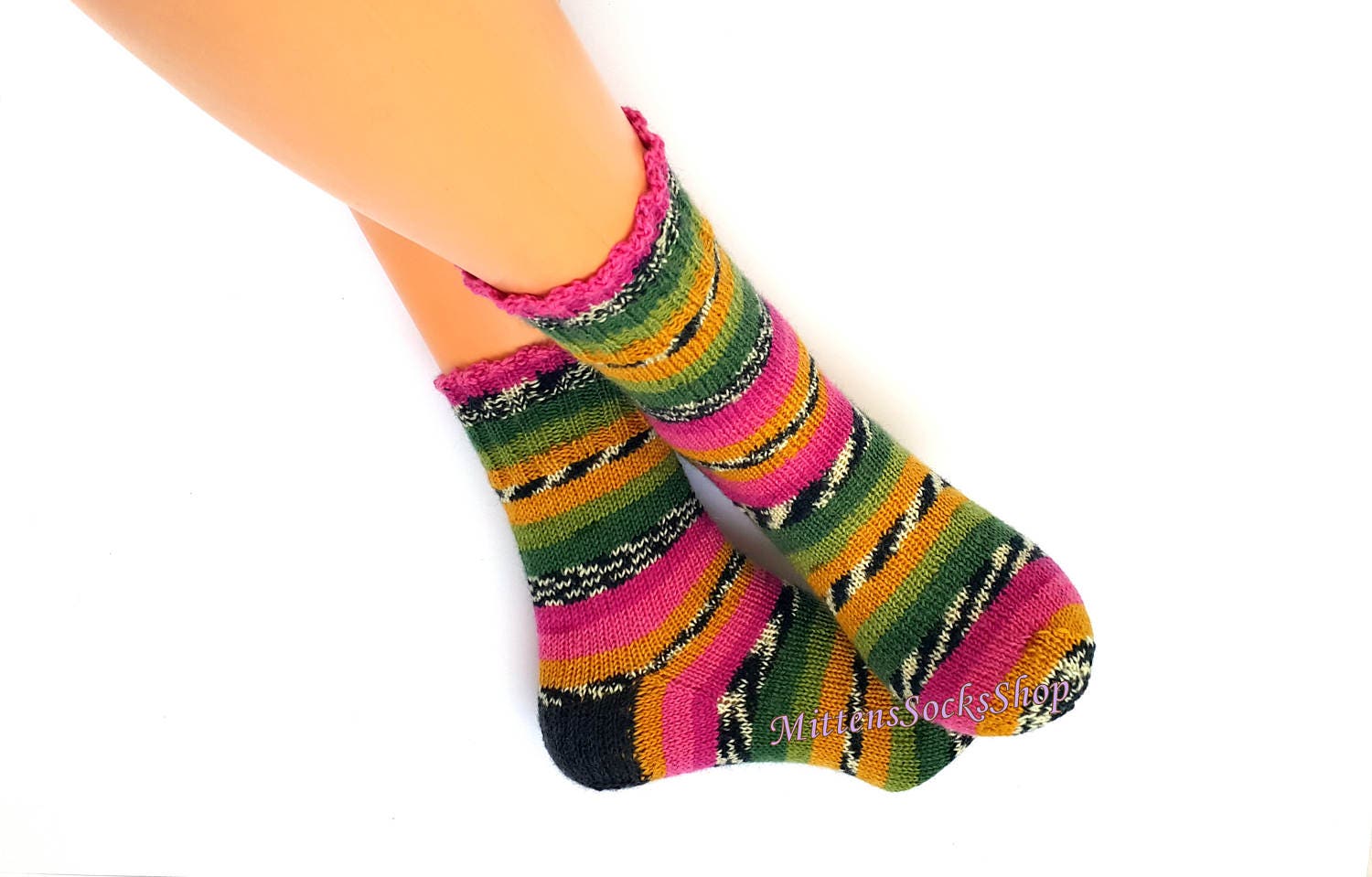 Pink Green Yellow Black Hand Knitted Socks Rainbow Girl's Colorful Women's Knit Men's