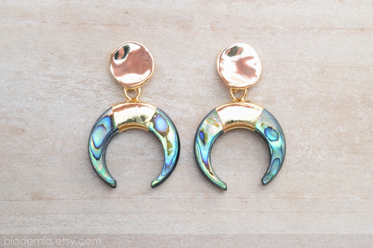 Natural Abalone Shell Crescent Moon Textured Gold Tone Stud Or Clip On Earrings By Biodemia
