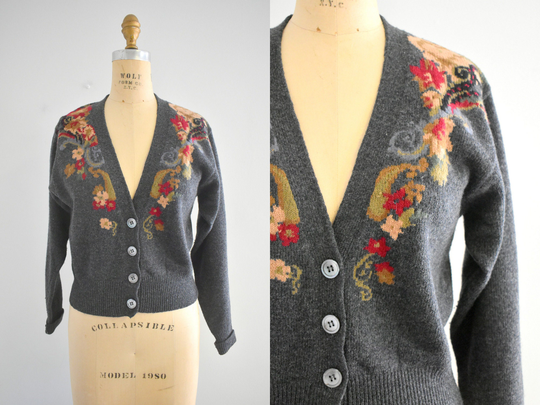 1990S Gray Floral Wool Blend Cardigan