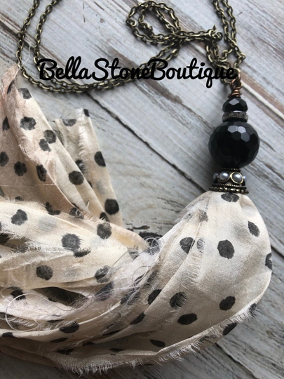 Black Oynx Polk A Dot Sari Silk Tassel/Sari Tassel Necklace/Polka Tassel/Oynx Tassel/Black Tassel/Gift For Mom/Rts