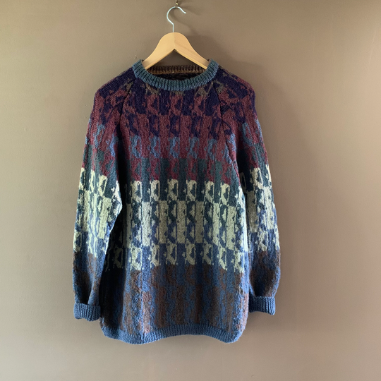 Handknit Fair Isle Sweater, Abstract Geometric Print, Pullover Crew Neck, Long Sleeves, Soft Wool Blend, Chest 40"