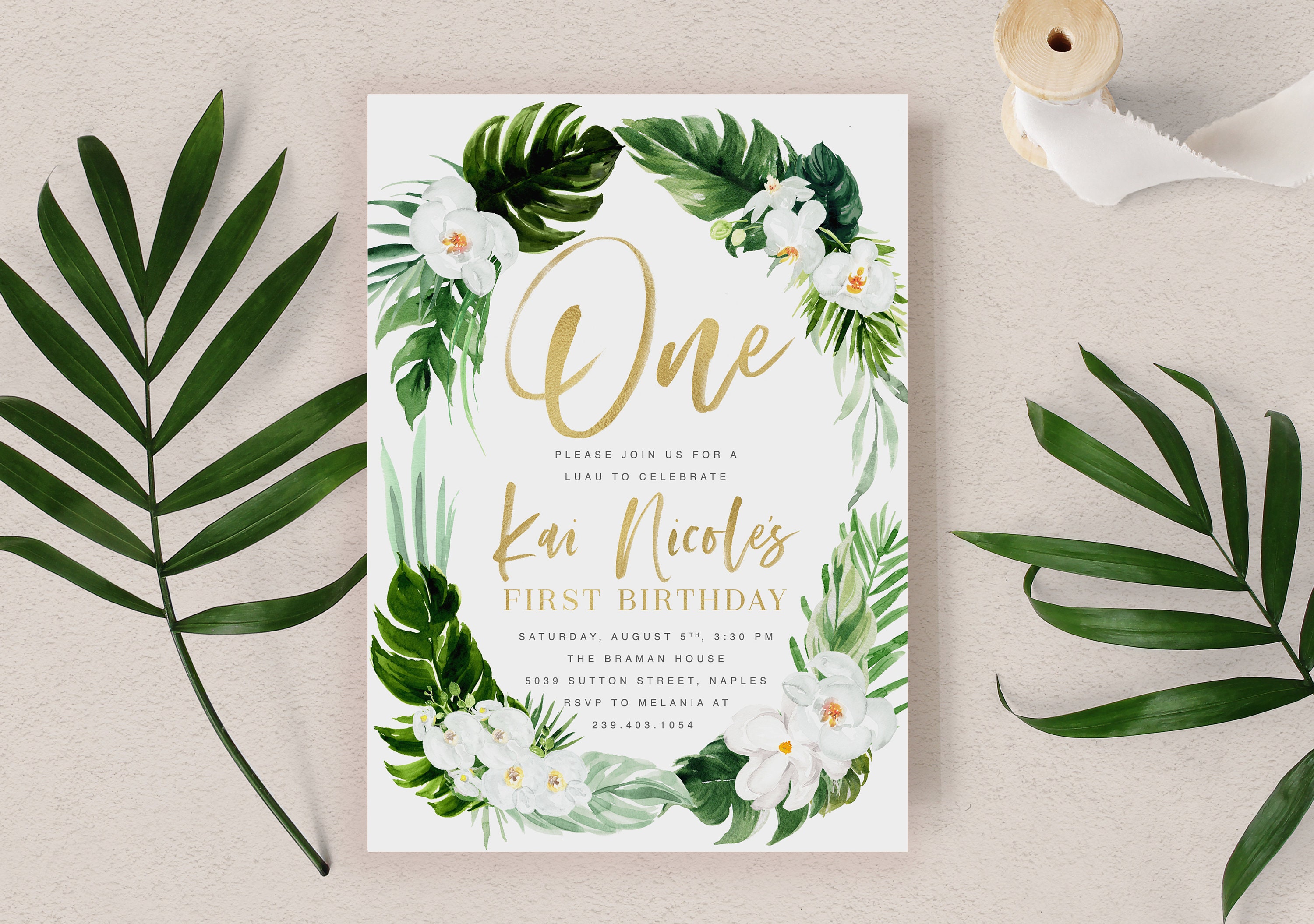 Tropical 1st Birthday Invitation Girl, Luau First Invite, Aloha Invitation, Summer Party Invite - Kai