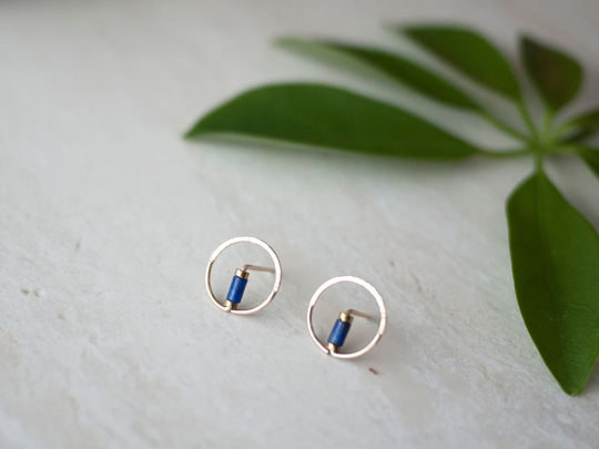 Minimalist Studs, Gold Filled Circle Earrings, Stone Indigo Tiny Lapis Gift Jewelry