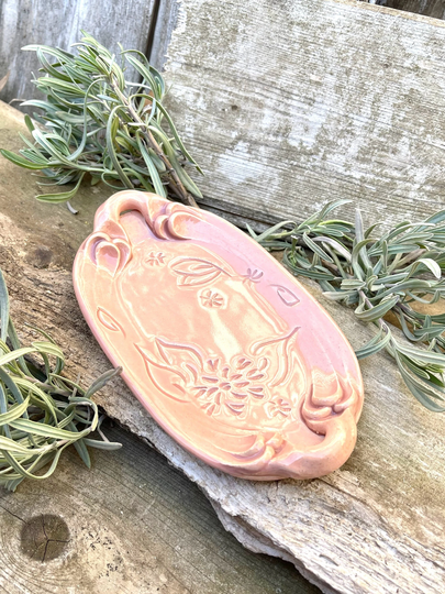 Soap Dish in Blush With Dahlias Carved