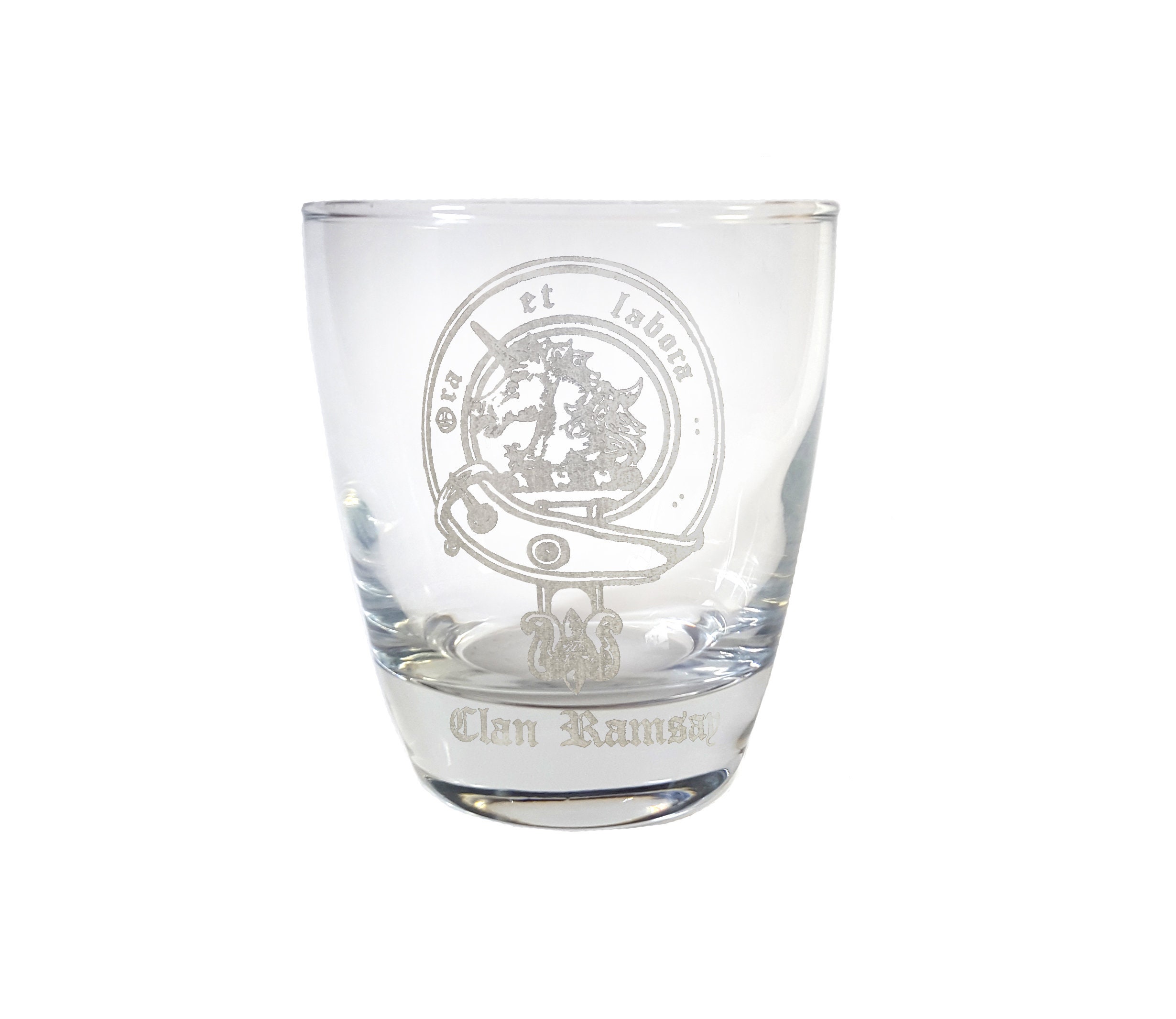 Ramsay Scottish Clan Crest Clear Lowball Rocks Glass 10Oz - Free Personalized Engraving