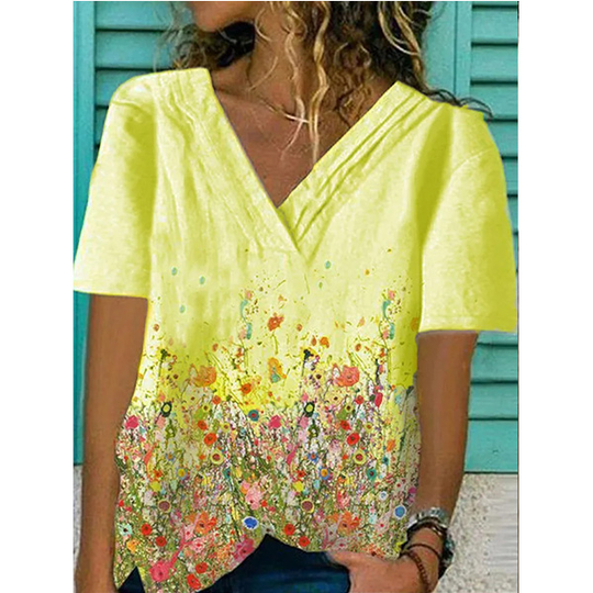 White Floral-Print Cotton-Blend Casual V Neck Shirts & Tops - Yellow, S