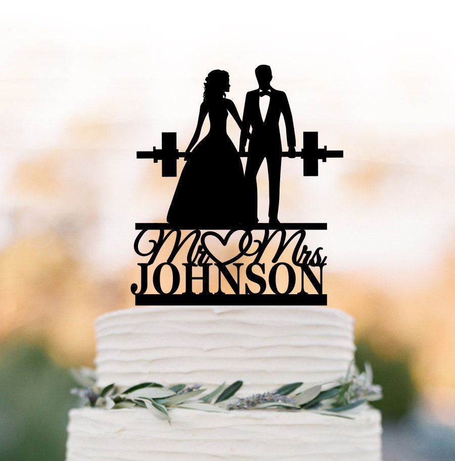Personalized Wedding Cake Topper Fitness Couple Wedding Cake Topper, Weight Lifting Groom & Bride Silhouette Mr Mrs