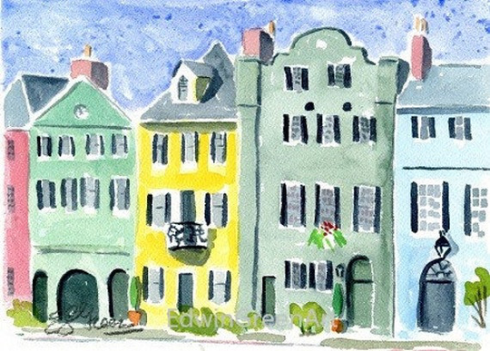 Charleston Watercolor-Rainbow Row. Matted 8x10 | 6x8 Image, Arches 140Cp Paper. Unframed. Giclée Print Available