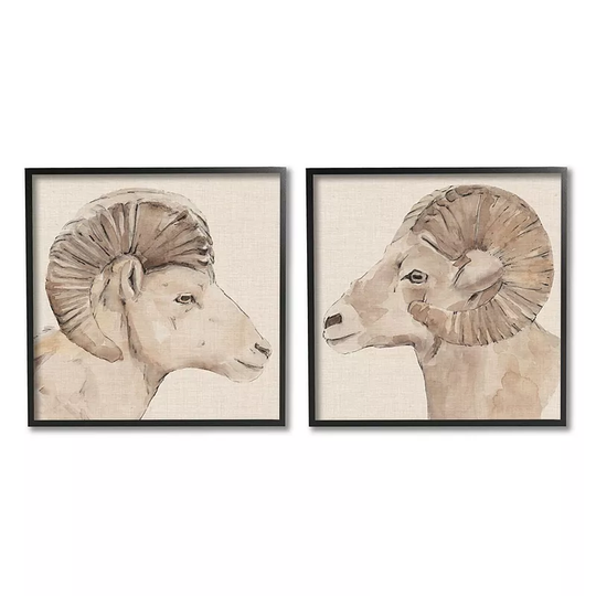 Stupell Home Decor Big Horn Ram Portraits Framed Wall Art 2-piece Set, Brown, 12X12