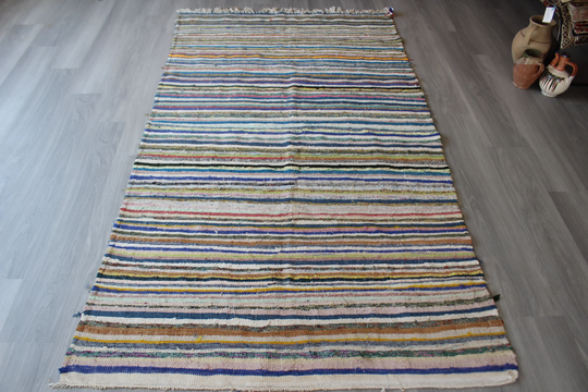 Vintage Rag Rug, Ethnic Rug, Bohemian Striped/4'7"x8'5" Feet N-547