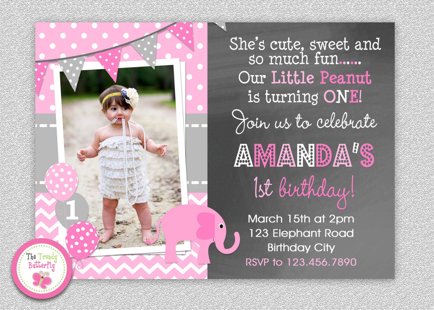 Elephant Chalkboard Birthday Invitation, 1st Girls Party Invitation