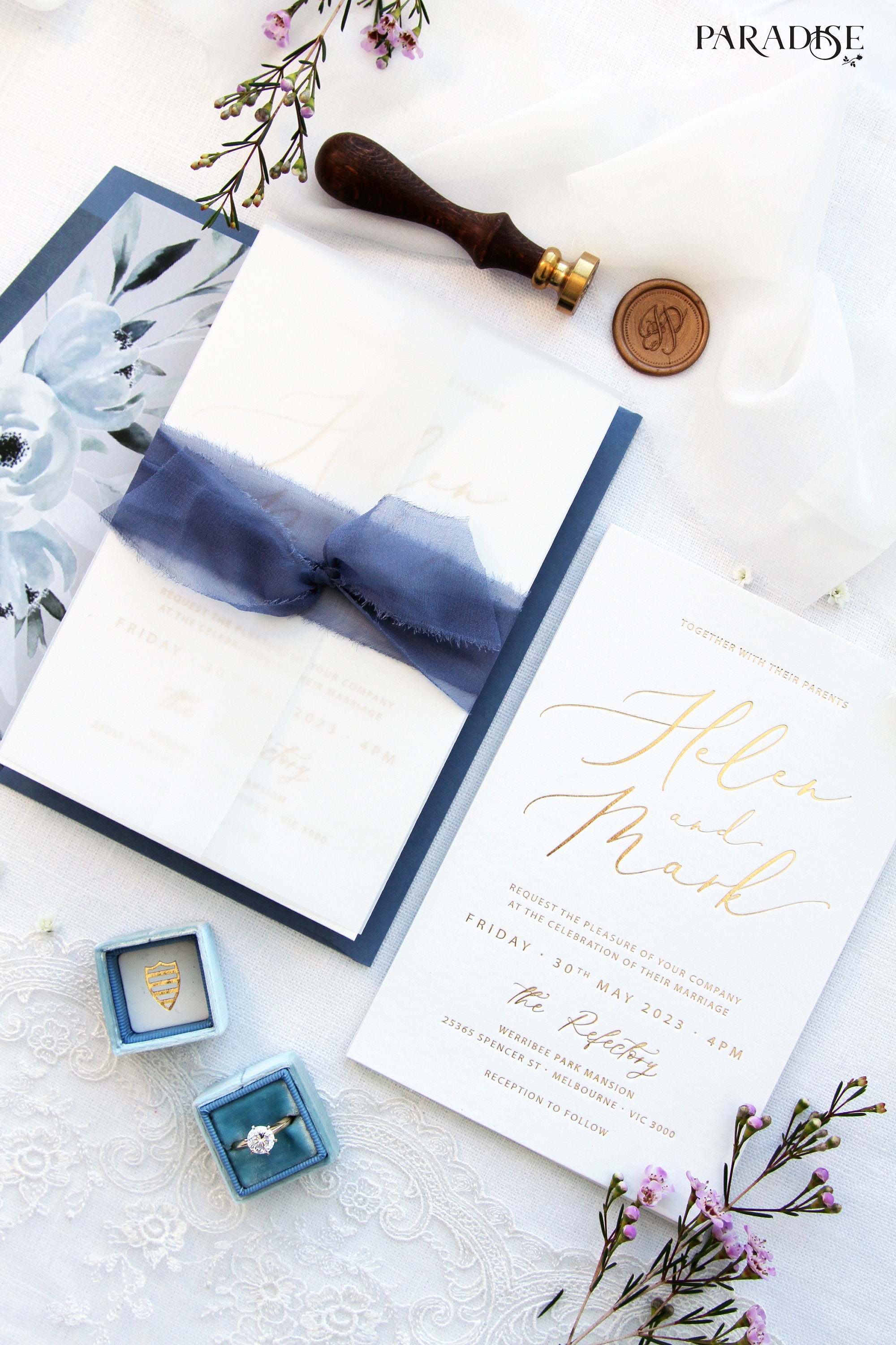 Daphn Dusty Blue Wedding Invitation Sets, Foil Invitations, Silk Belly Bands, Envelopes With Liners, Letterpress Invitations