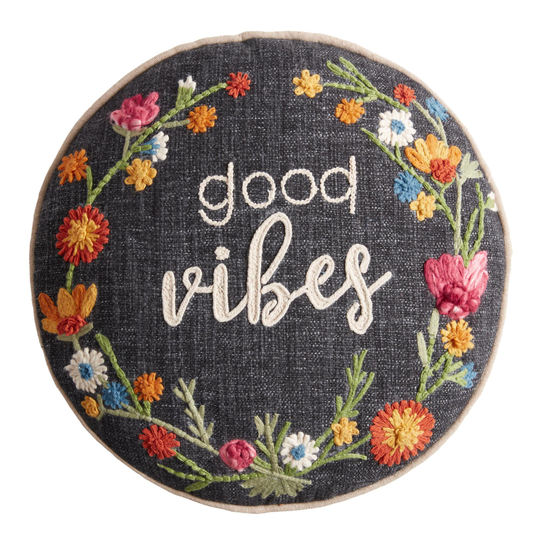 Round Dark Indigo Embroidered Good Vibes Throw Pillow by World Market