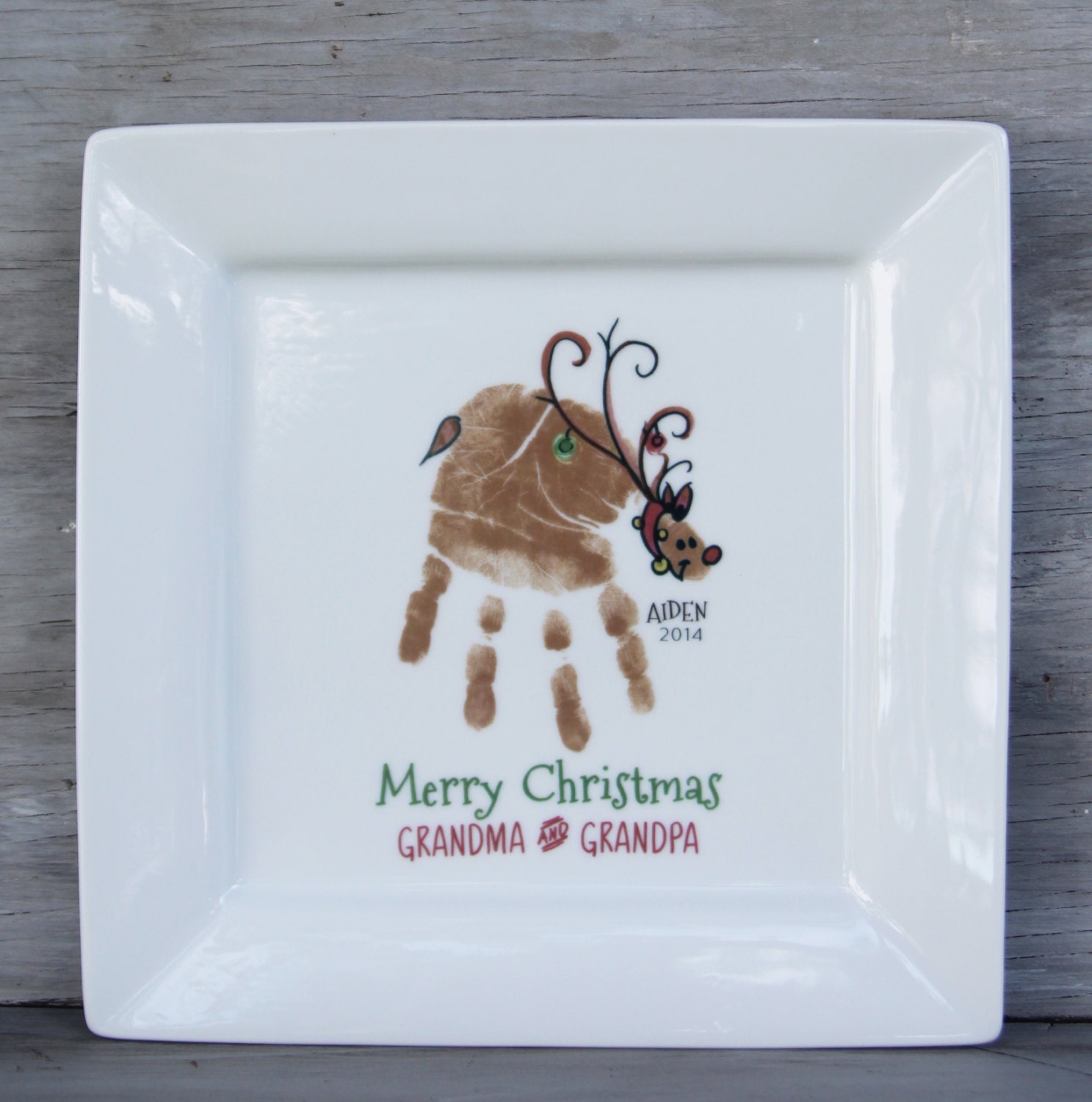 Reindeer Handprint Plate. Christmas Gifts For Grandma & Grandpa, Baby's First Christmas, Footprint Art Keepsake Footprint Plate 302A Plt