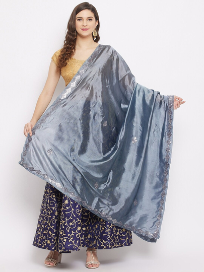 Women's Silk Blend Grey Ethnic Motifs Embroidered Dupatta With Mirror Work Free Shipping