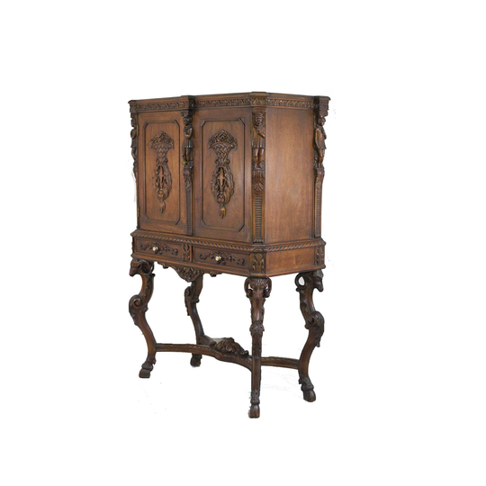 Antique 19Th Century Gothic Revival Hand Carved Rams Head & Hoof Vestry Cabinet
