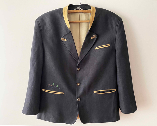 Navy Loden Blazer, Linen Blend Trachten Sport Coat, German Traditional Bawarian Jacket Austria Tyrolean Sounds Of Music Octoberfest Xl Large