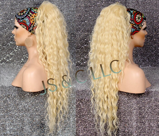 Bleached Blonde Human Hair Blend Ponytail Piece Drawstring Extra Long Wavy Simply Put It On & Go Can Be Wrapped Around As A Bun