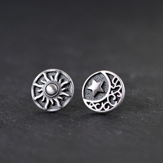 Sun Moon & Star Pattern Earrings S925 Sterling Silver Stud