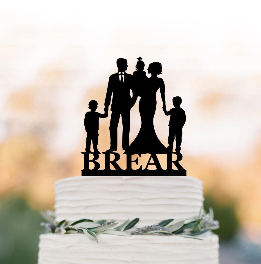 Family Wedding Cake Topper With Two Boys & Baby Girl Douhter, Bride Groom Silhouette, Personalized Wedding Cake Childs