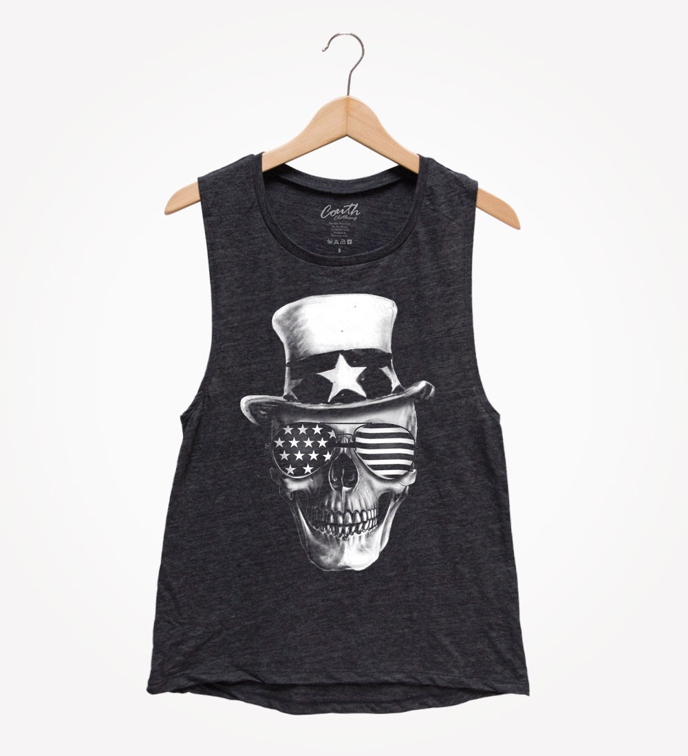 Skull Muscle Tank Top, Women Flag Shirt, Patriotic, Us Flag, Merica Top