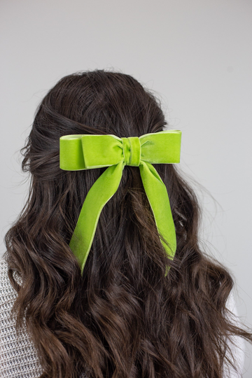 Chartreuse Velvet Hair Bow Short Tail French Barrette | Grace & Grandeur Judy