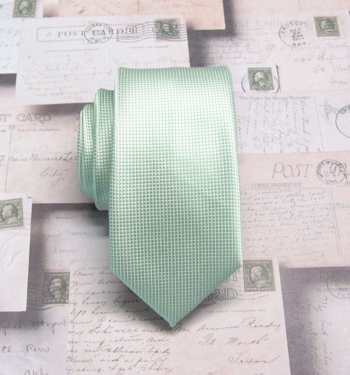Mint Green Ties. Mens Pastel Dusty Checkered Pattern Silk Skinny Necktie With Matching Pocket Square Option