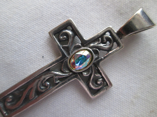 Antique Sterling Cross Pendant With Gemstone