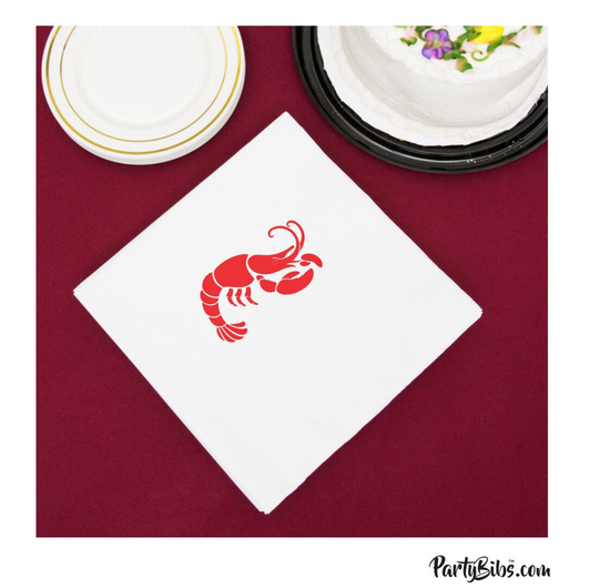 Crawfish Napkins, Pack Of 25, Beverage Cocktail Size, White With Imprint-Great For Parties, Low Country Boils, Seafood Dinners, Crayfish