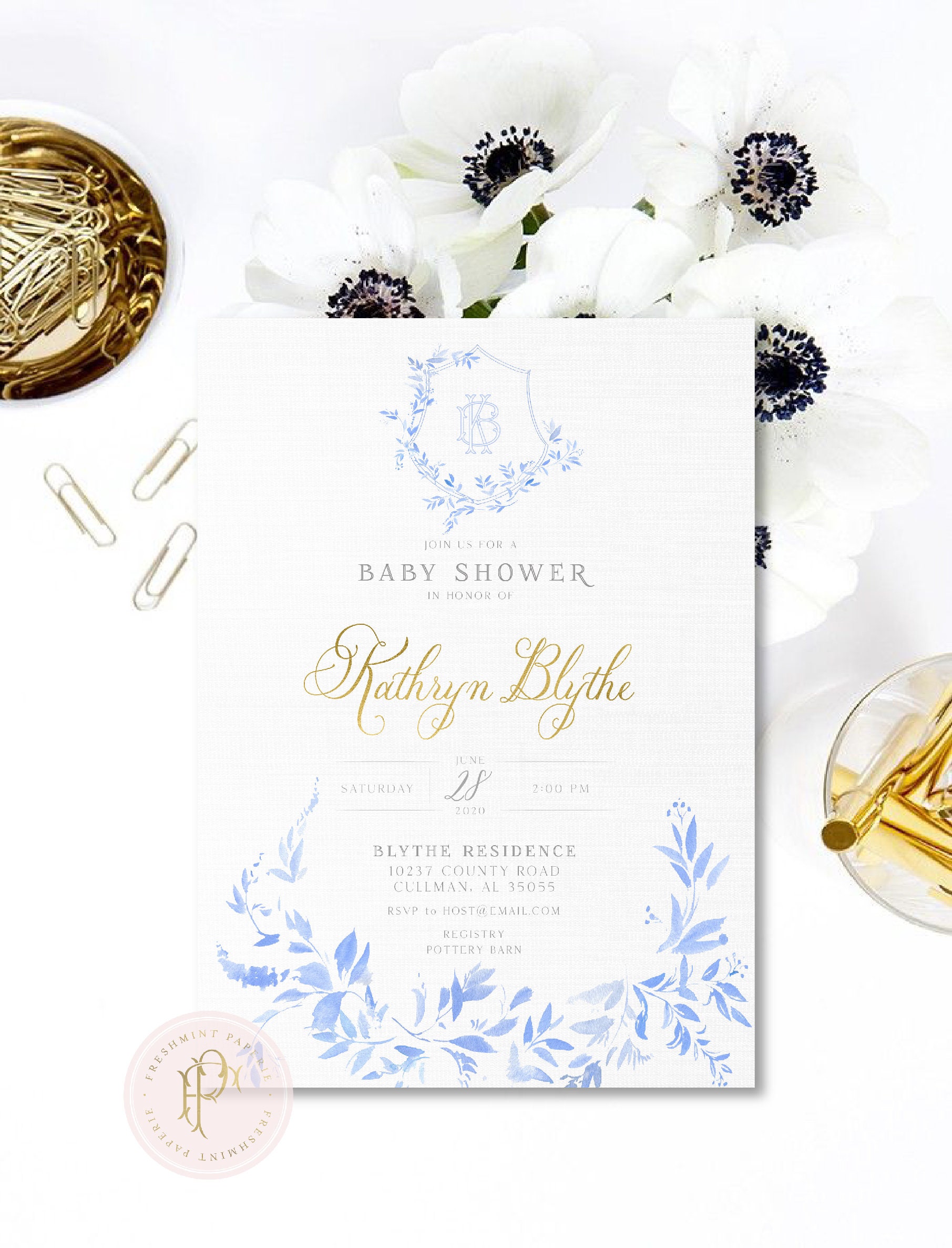 Monogram Baby Shower Invitation - Baby Shower Invitation Wreath Ribbon Blue Porcelain