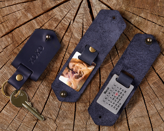 Leather Keychain For Bff With Personalized Monogram, Photo & Calendar Inside, Memorable Present Your Friends, Family Couple