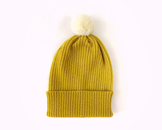 Pick-A-Pom Ribbed Beanie Hat, Pure Lambswool in Dijon Yellow