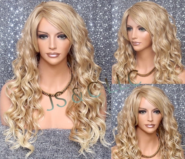 Blonde Mixed Human Hair Blend Wig Heat Ok Long Deep Waves Full Bangs Cancer Alopecia Theatrical Cosplay Anime