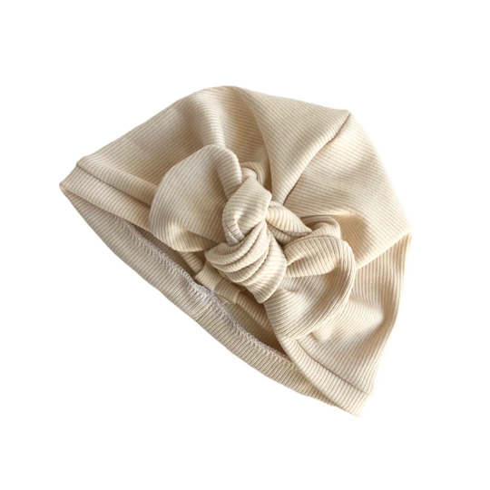 Cream Ribbed Knit Turban Hat, Baby Girl Bow Preemie Newborn Cute Hospital Mommy & Me Turbans