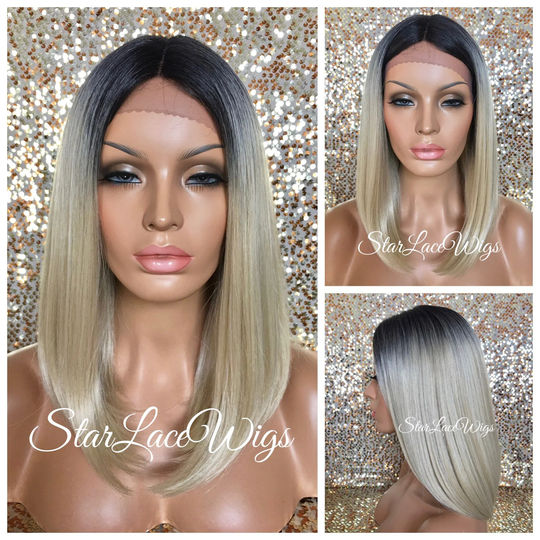 Human Hair Blend Platinum Blonde Lace Front Wig Straight Long Bob Dark Roots Middle Part Heat Resistant Wigs For Women