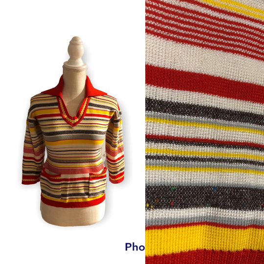 Vintage 1970's Rayon Polyester Blend Hippie Striped Collared Tops With Pockets