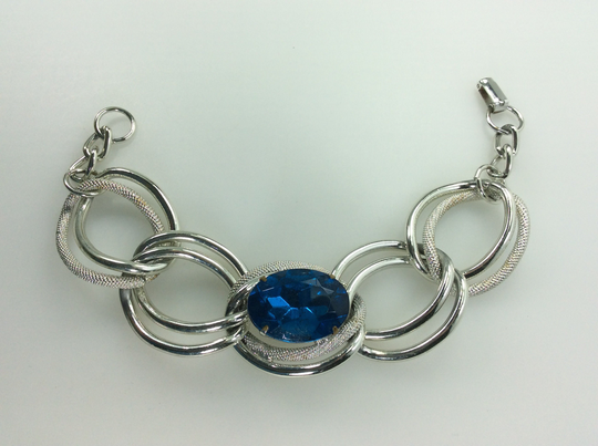 Vintage 9" Bracelet Silver Toned Textured Links With Blue Rhinestone Used