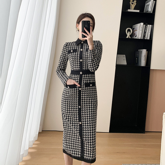 Women's Houndstooth Dress, Long Sleeve Midi Dress, Knitted Sweater Dress, Autumn Fitted Dress, Semi Formal Dresses, Fall Dress, Warm Long Dress