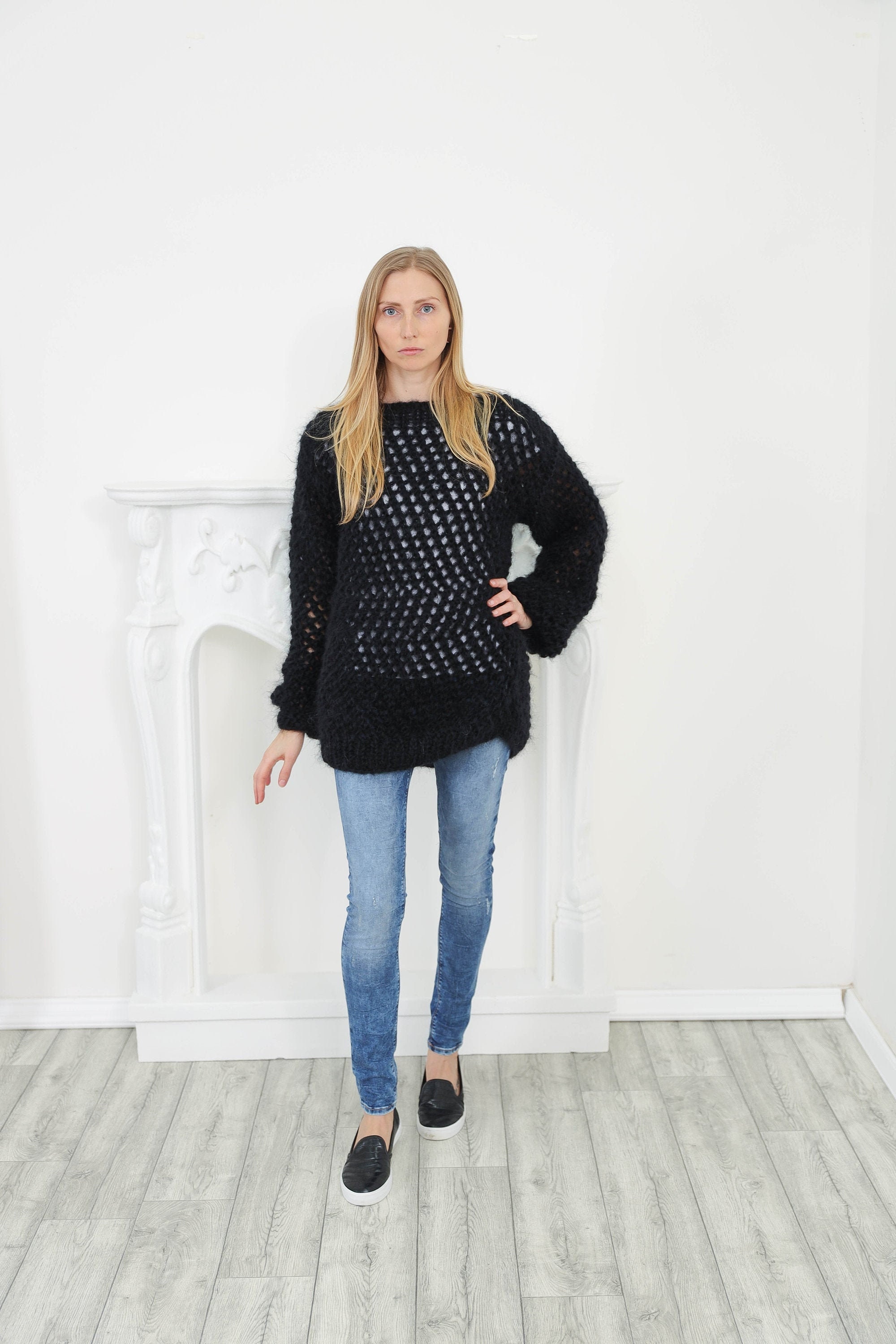 Black Knit Mohair Sweater, Mohair Sweater , Mohair Oversized Pullover, Fluffy Cardigan , Knit , Black