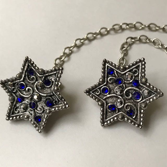 Pewter Star Of David Clips With Blue & Silver Crystals