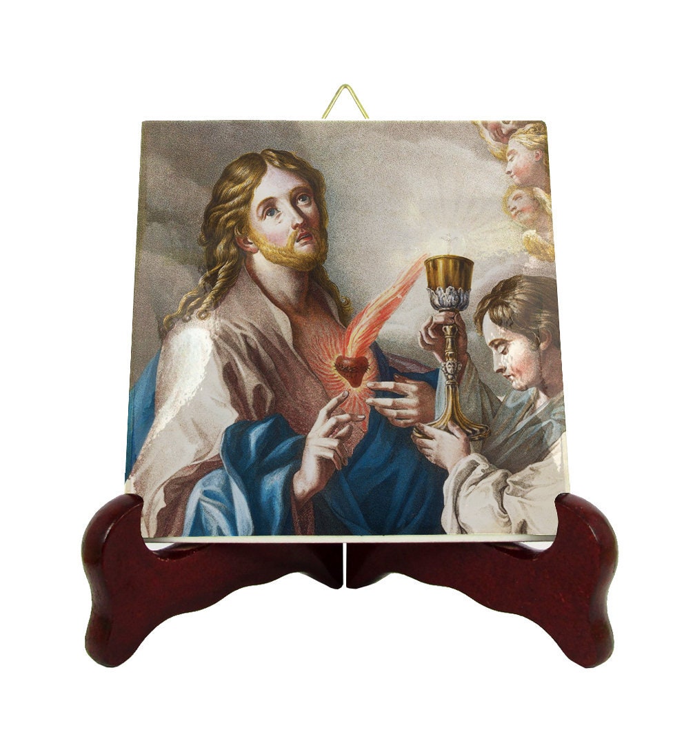 Sacred Heart Of Jesus - Devotional Icon On Tile Handmade Catholic Gift Idea Art Devotionals Holy Christ