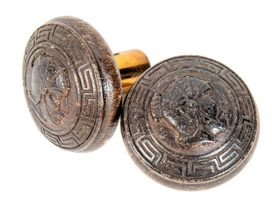 Set Of Hard To Find 1870S Ornamental Pressed Wood Greek Soldier Figural Doorknobs With Polished Brass Shanks