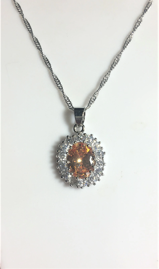 Austrian Crystal Topaz Colored Pendant Necklace, Clear Crystals Oval Shaped