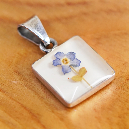 Vintage Sterling 925 Silver Square Shaped Pendant With Resin Flower, Stamped