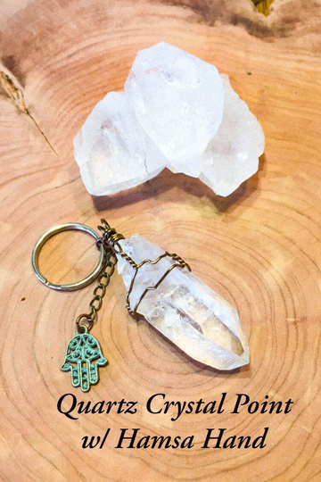 Quartz Crystal Point with Hamsa Hand Keychain, Arkansas