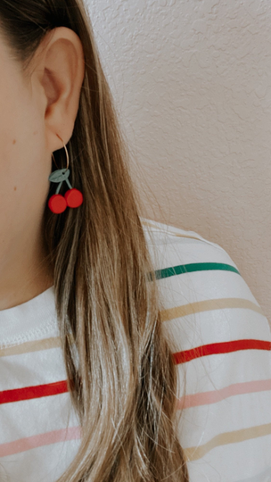 Cherry Dangle Gold Hoop Earrings Polymer Clay Earrings, Gift For Her, Y2K Jewelry, 90's Statement Fruit